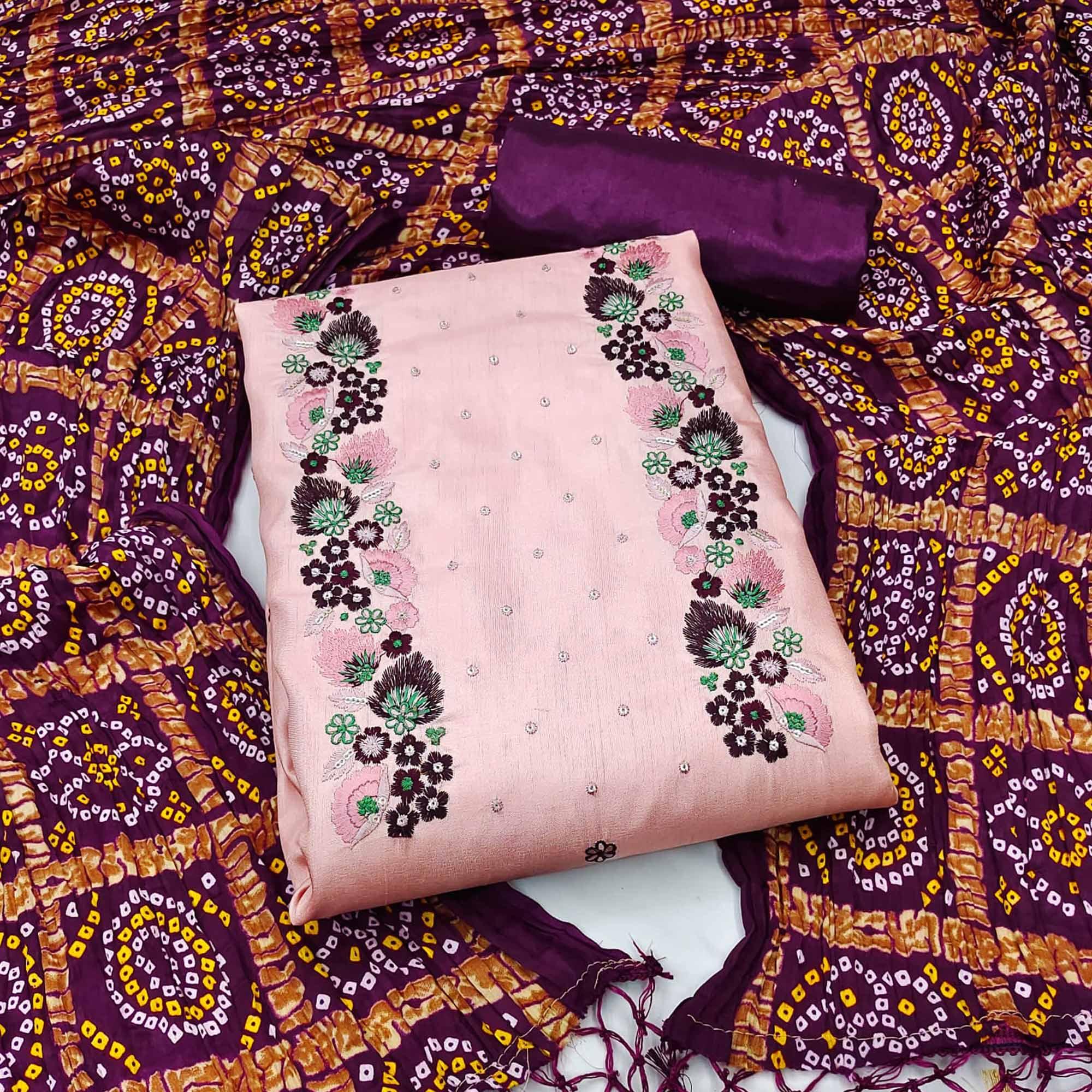 Pink Embroidered Pure Silk Dress Material - Peachmode