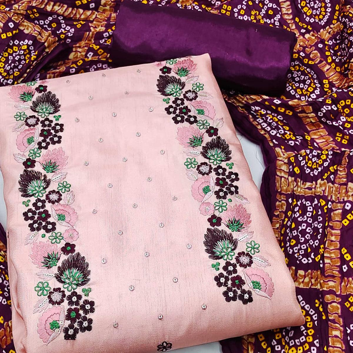 Pink Embroidered Pure Silk Dress Material - Peachmode