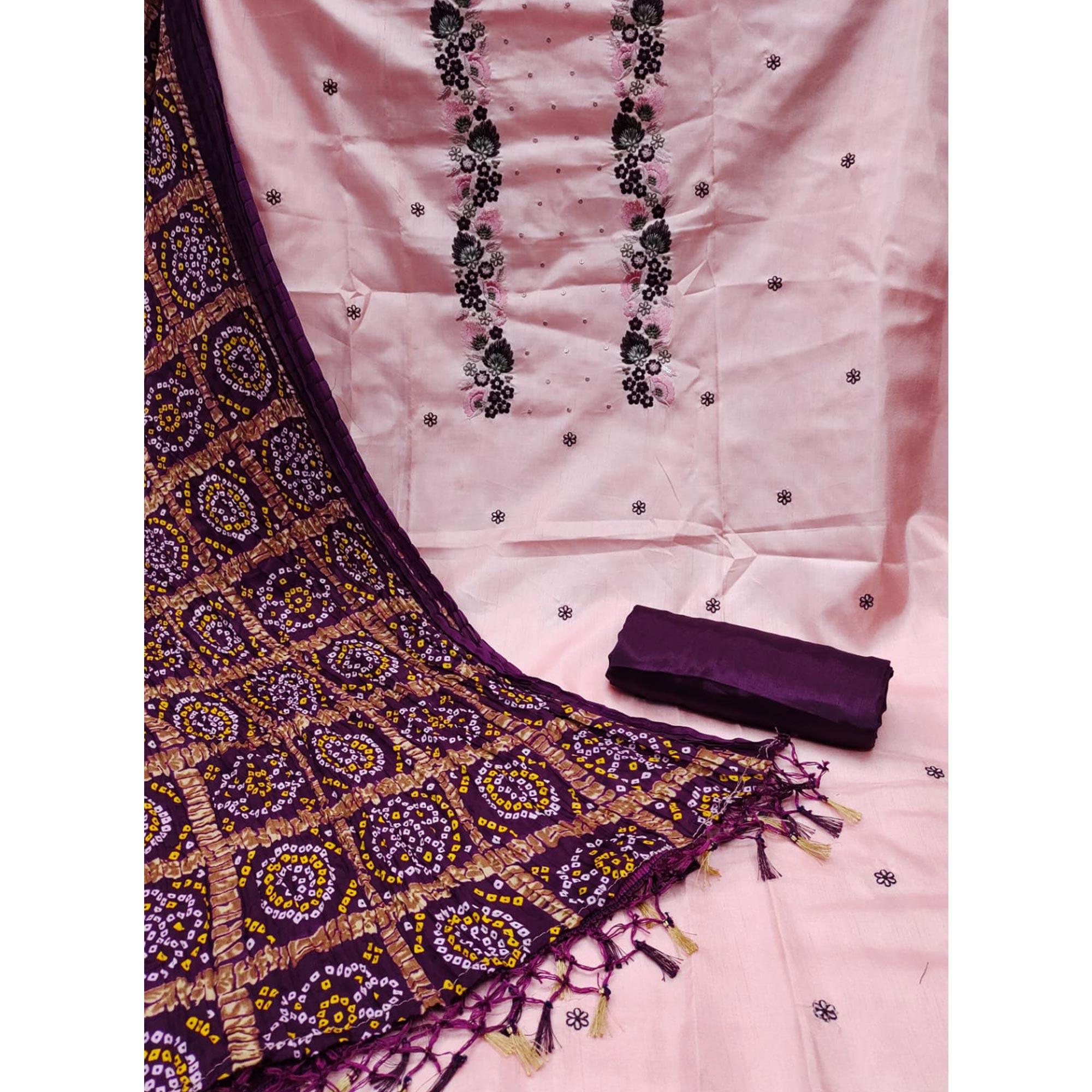Pink Embroidered Pure Silk Dress Material - Peachmode