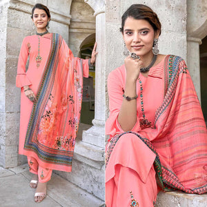 Pink Embroidered Rayon Kurti Pant Set With Dupatta - Peachmode