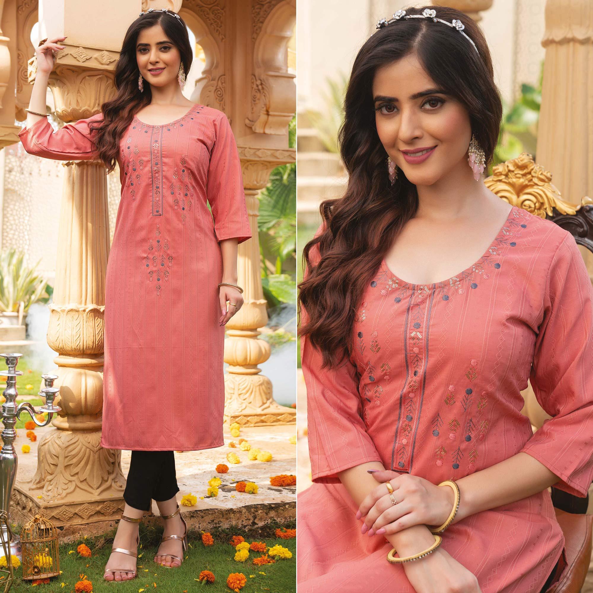 Pink Embroidered Rayon Kurti - Peachmode