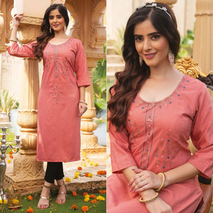Pink Embroidered Rayon Kurti - Peachmode