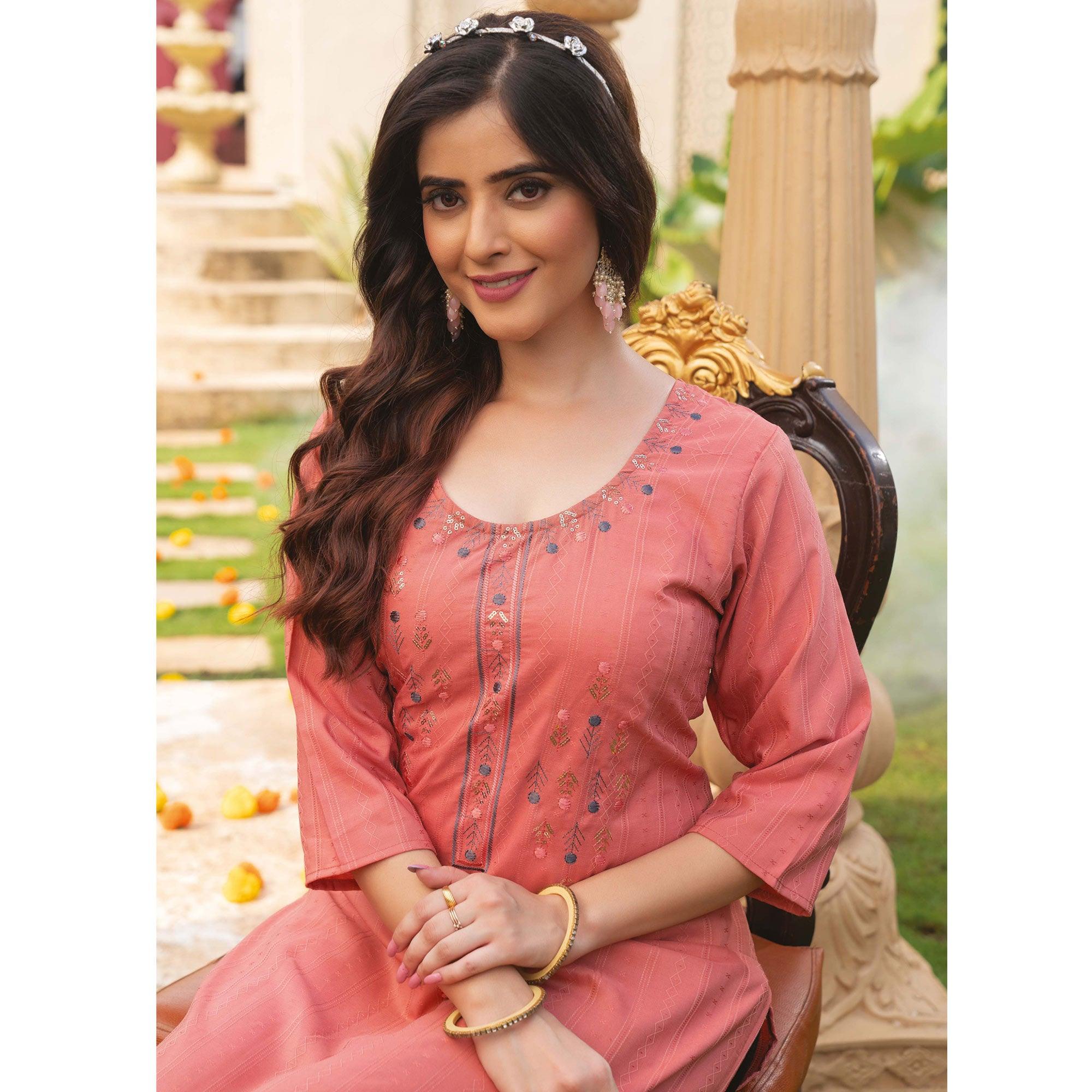 Pink Embroidered Rayon Kurti - Peachmode