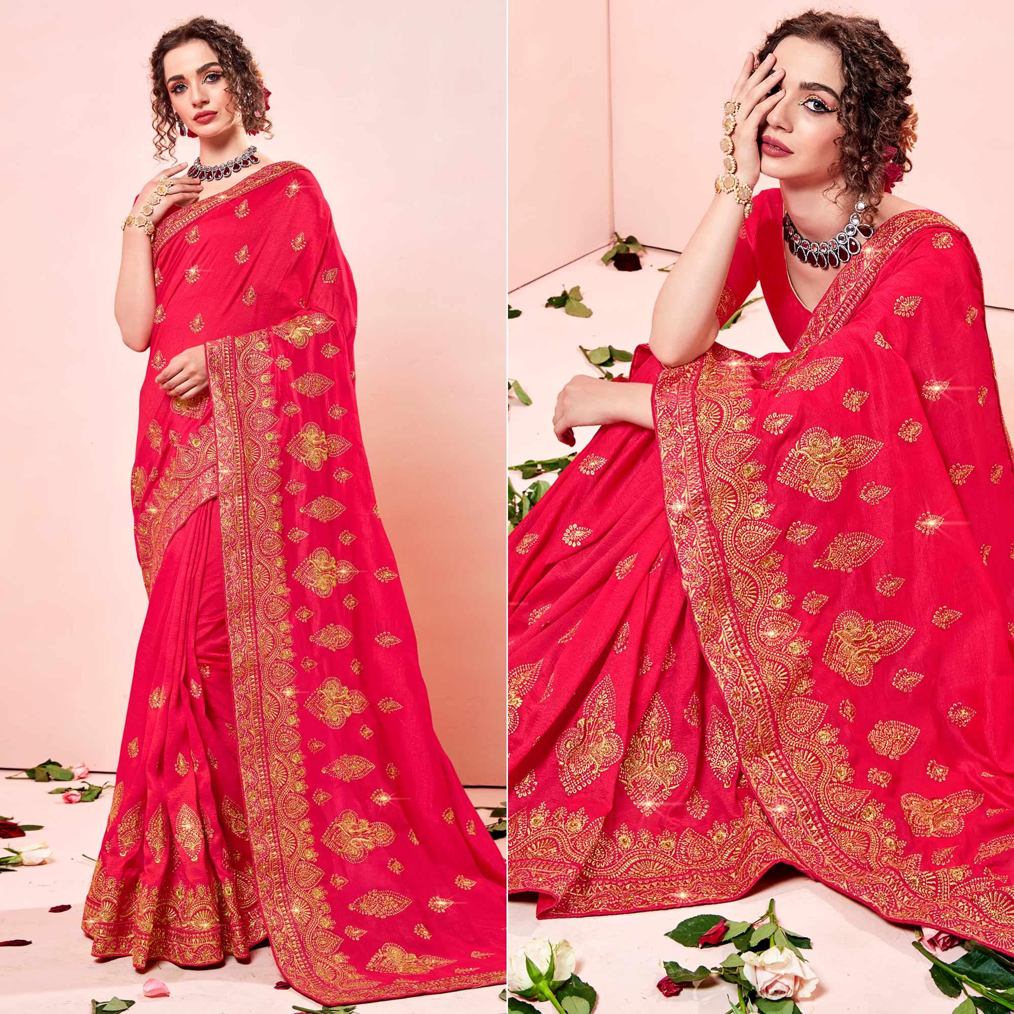 Pink Embroidered Vichitra Silk Saree - Peachmode