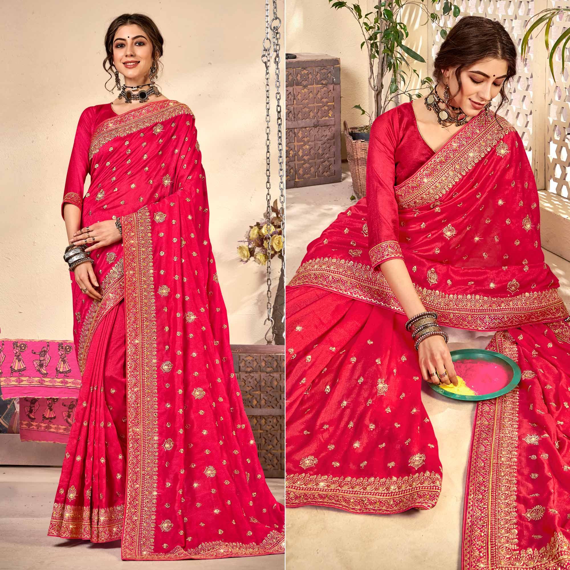 Pink Embroidered Vichitra Silk Saree - Peachmode