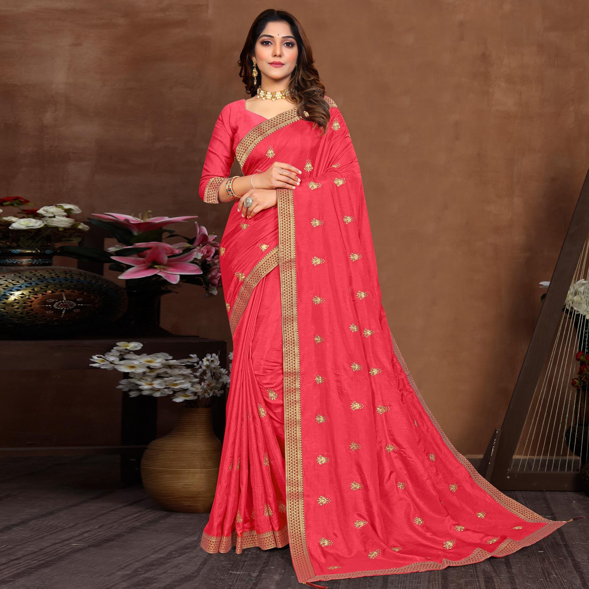 Pink Embroidered Vichitra Silk Saree - Peachmode