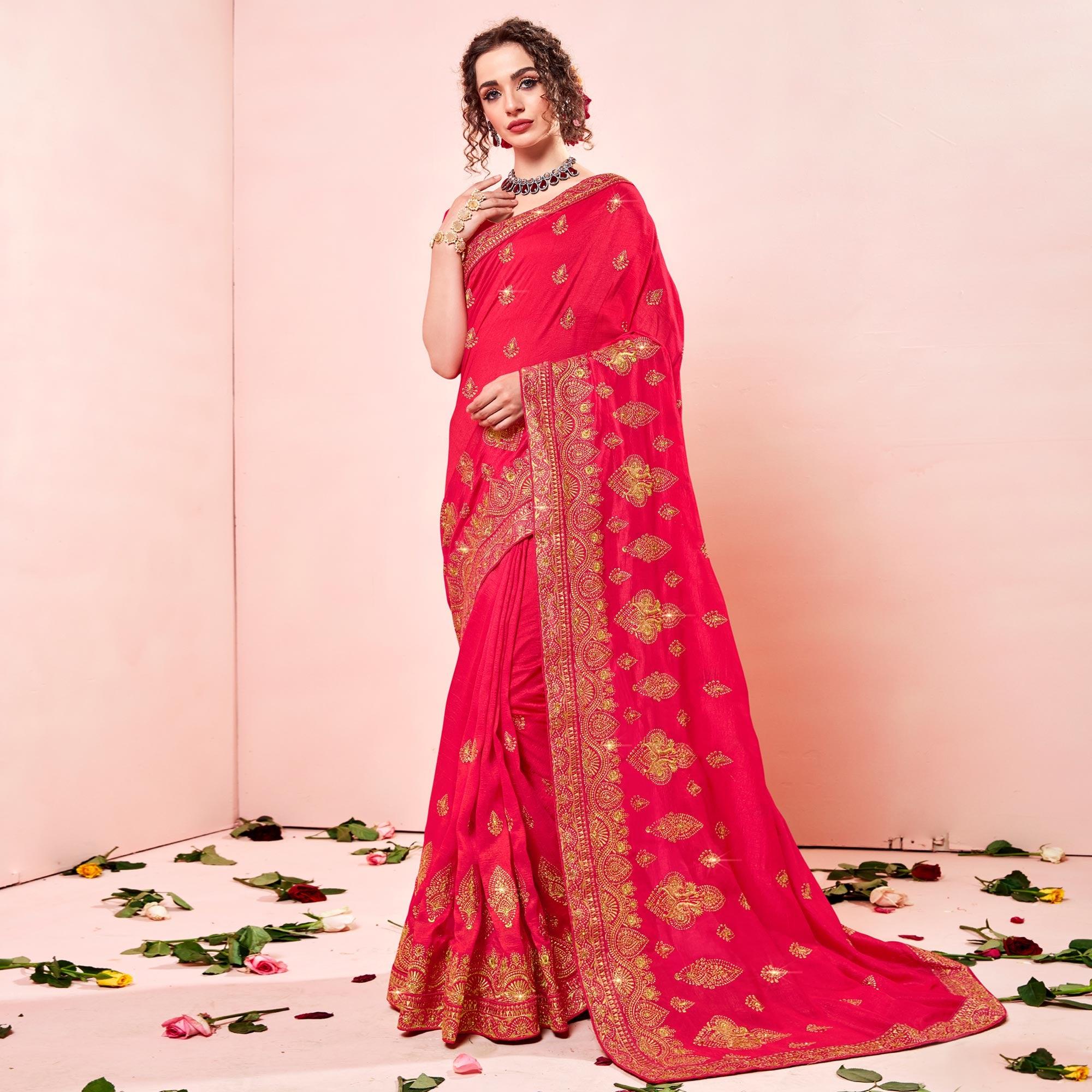 Pink Embroidered Vichitra Silk Saree - Peachmode