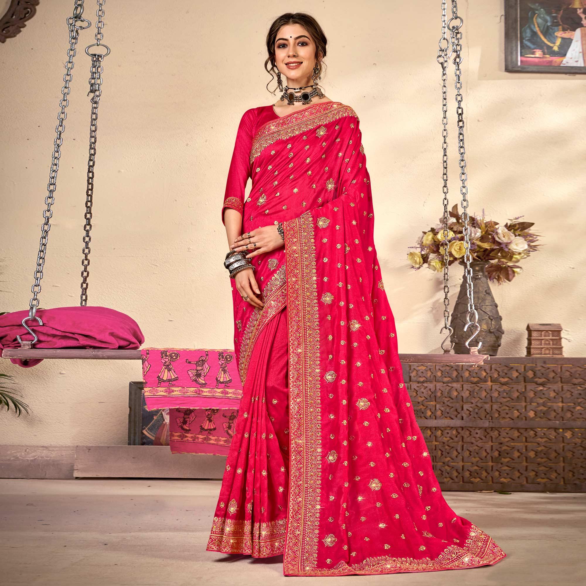 Pink Embroidered Vichitra Silk Saree - Peachmode