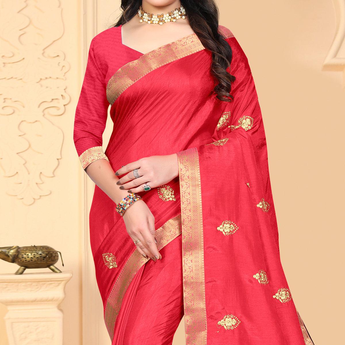 Pink Embroidered Vichitra Silk Saree - Peachmode