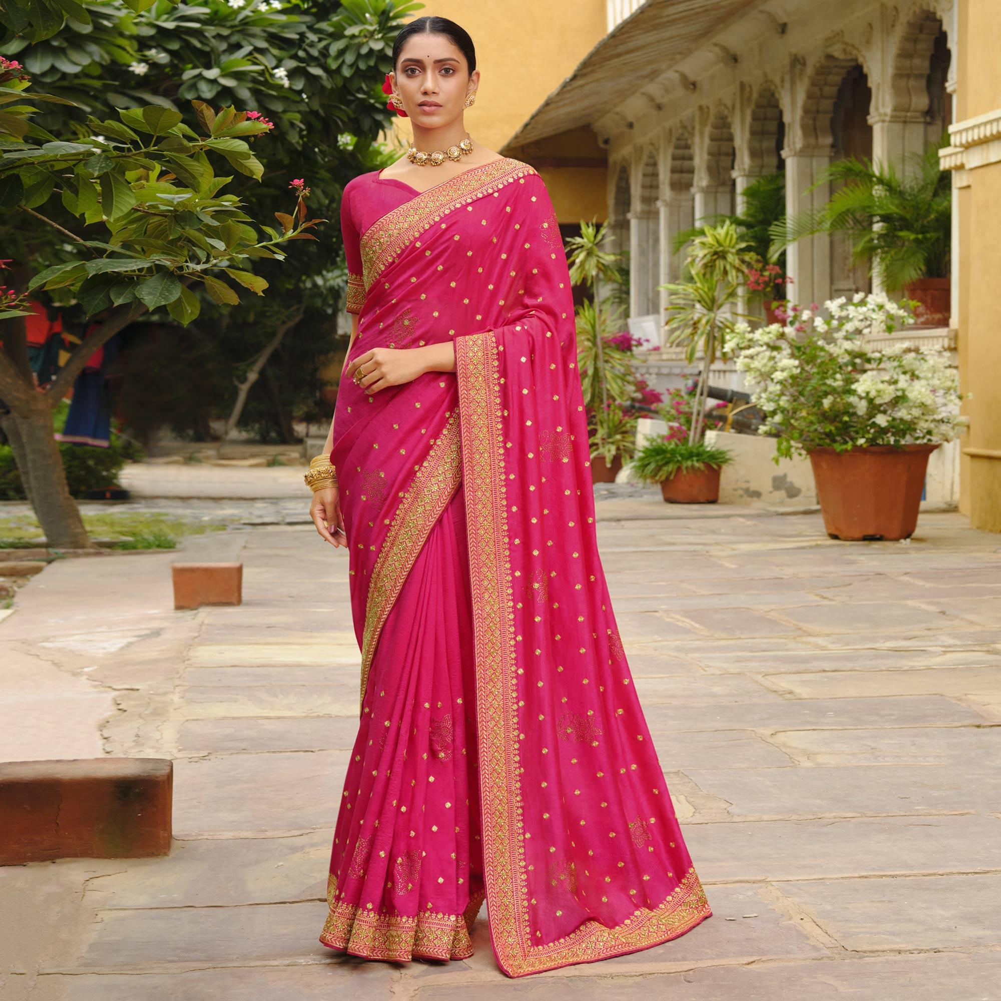 Pink Embroidered Vichitra Silk Saree - Peachmode
