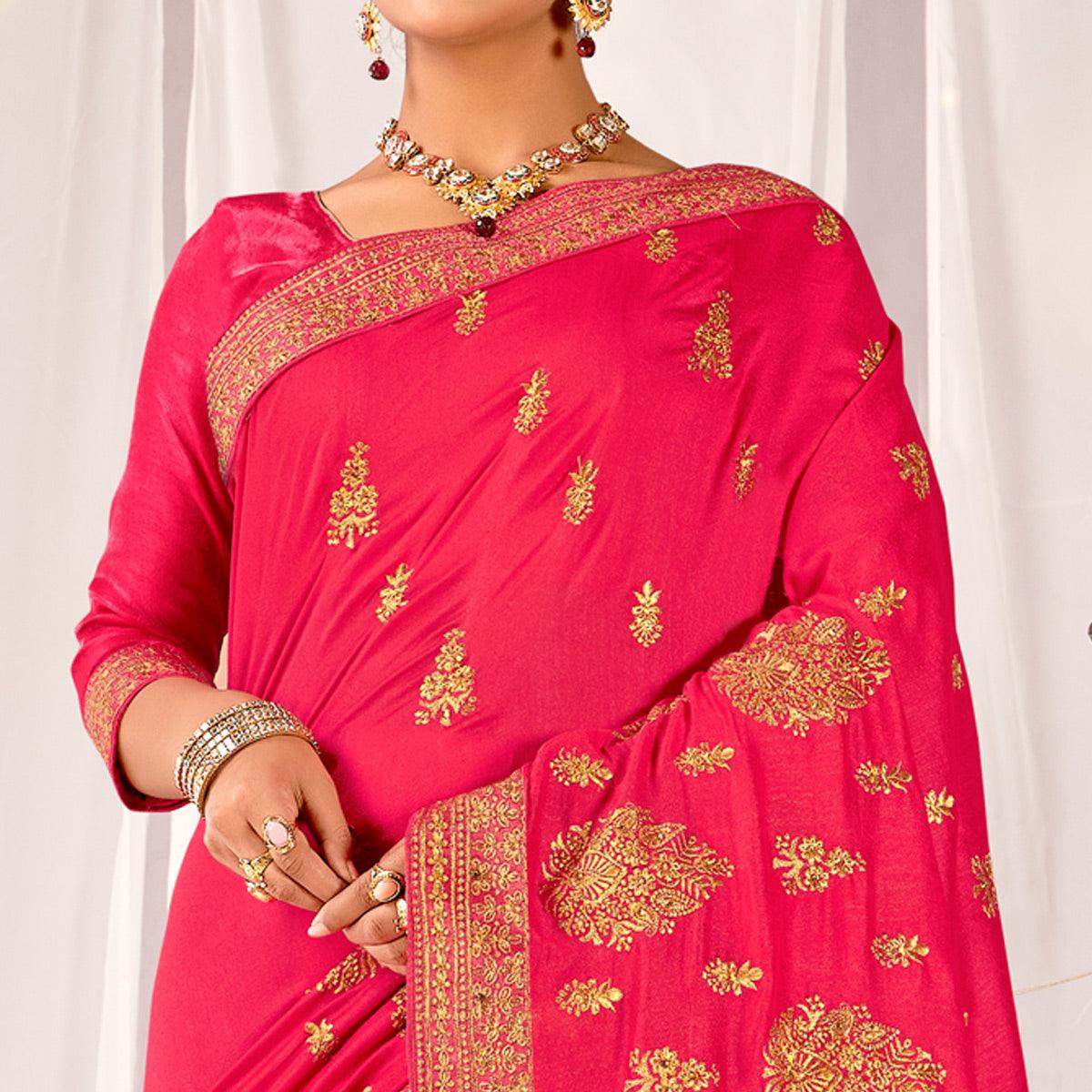 Pink Embroidered Vichitra Silk Saree - Peachmode