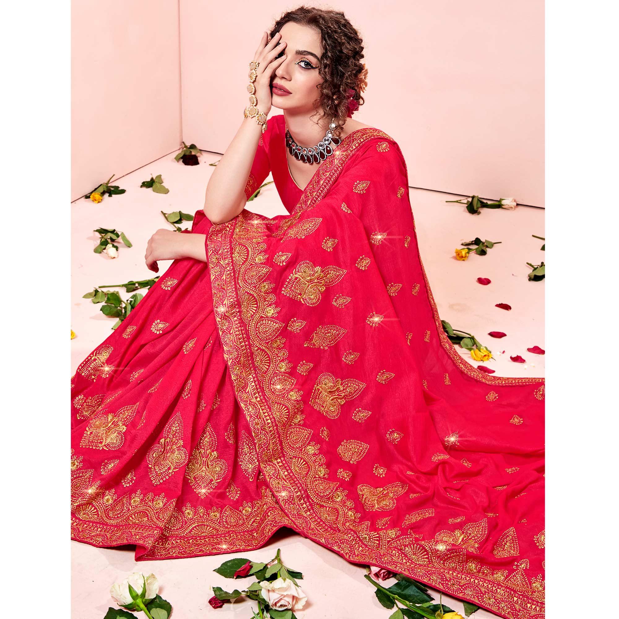 Pink Embroidered Vichitra Silk Saree - Peachmode