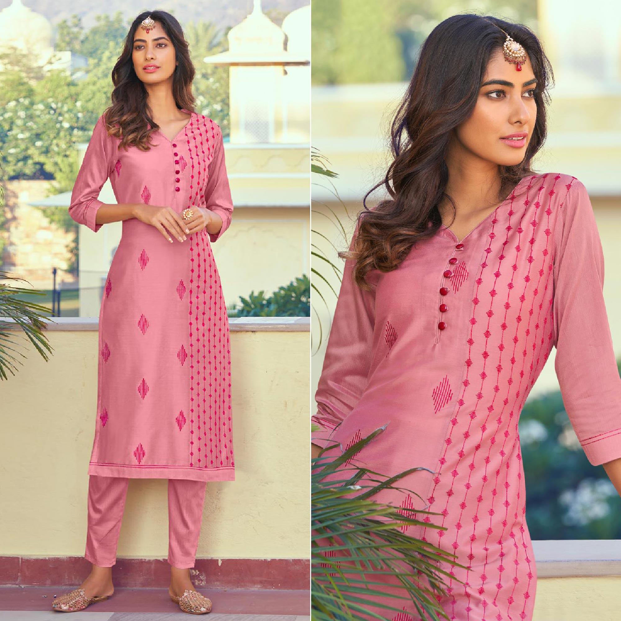 Pink Embroidered Viscose Kurti Pant Set - Peachmode