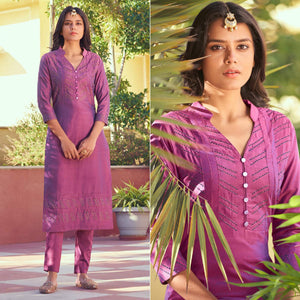 Pink Embroidered Viscose Kurti Pant Set - Peachmode