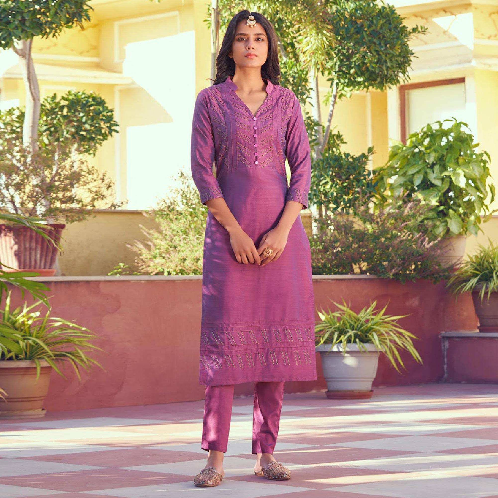 Pink Embroidered Viscose Kurti Pant Set - Peachmode