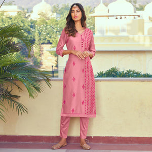 Pink Embroidered Viscose Kurti Pant Set - Peachmode