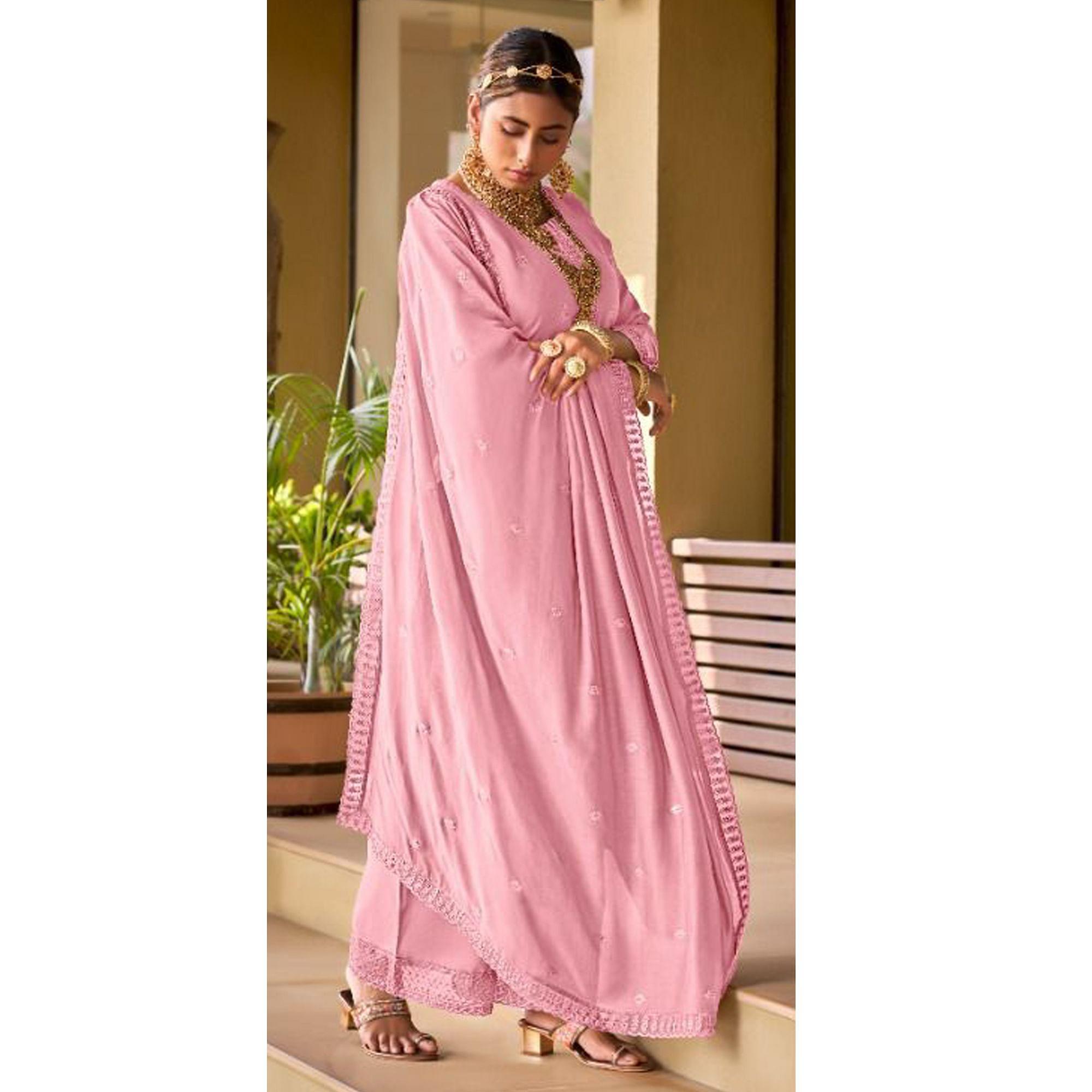 Pink Embroidered Viscose Palazzo Suit - Peachmode