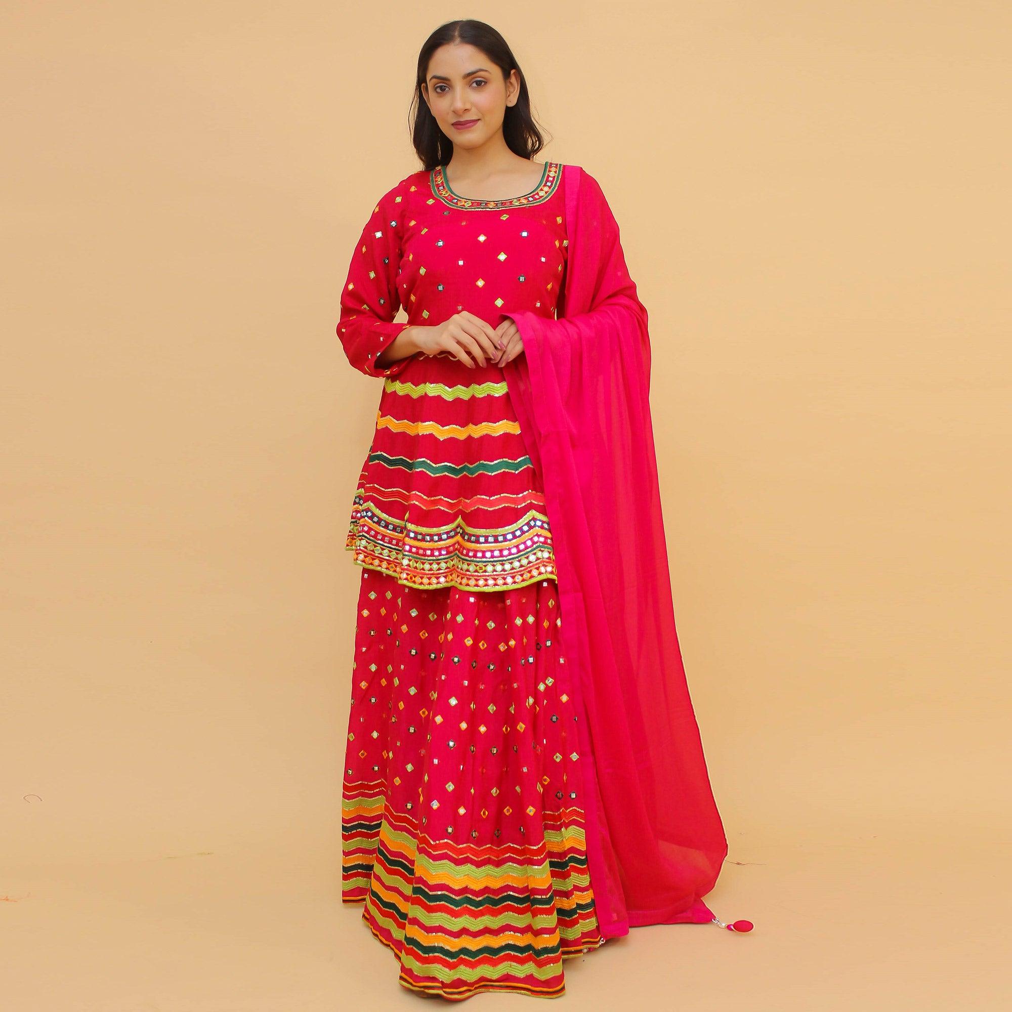 Pink Embroidered With Embellished Art Silk Lehenga Kameez - Peachmode