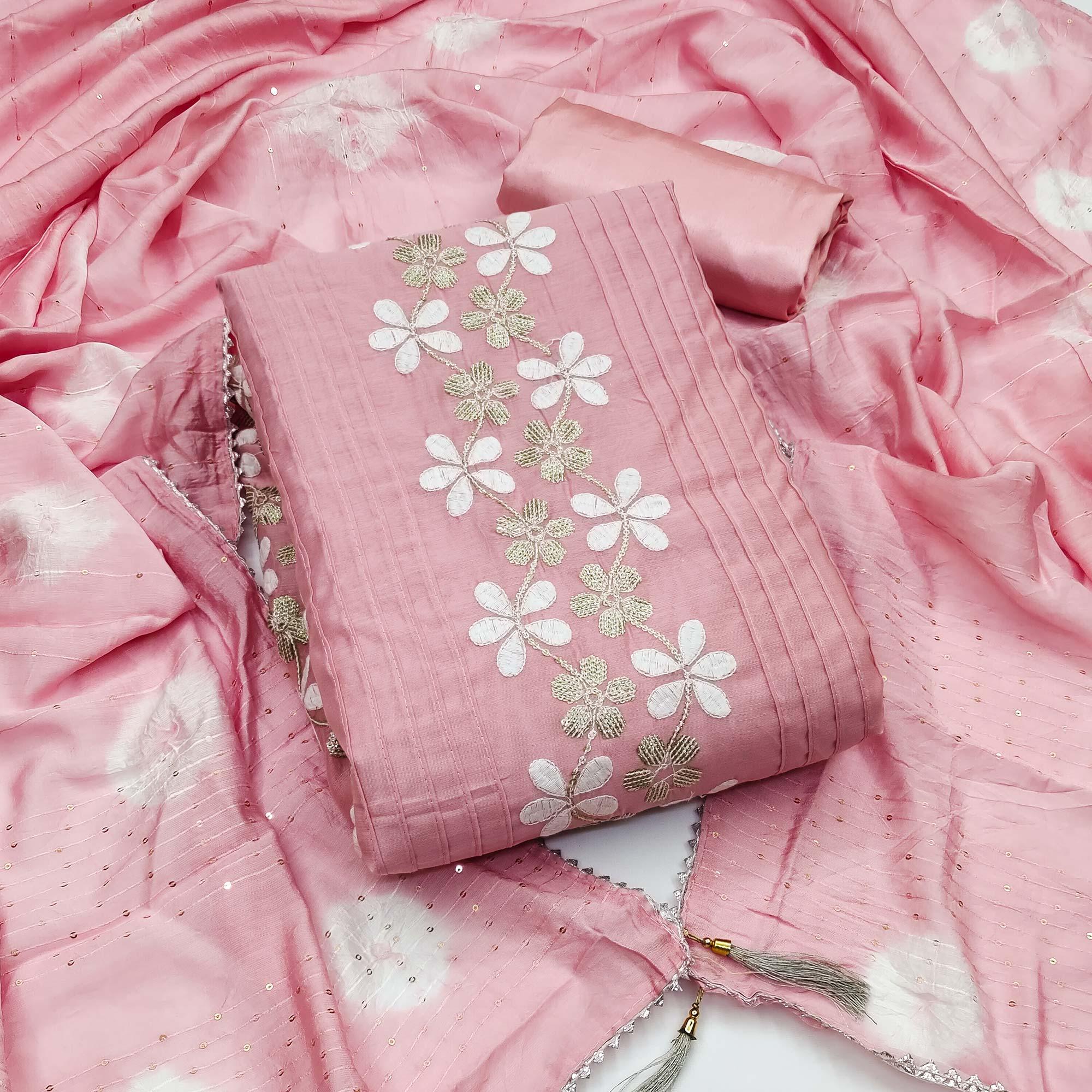 Pink Embroidered With Embellished Chanderi Dress Material - Peachmode