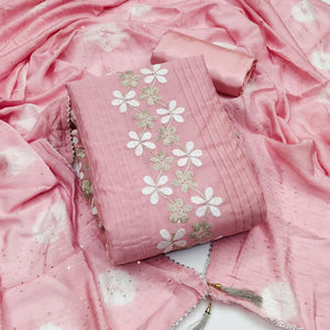 Pink Embroidered With Embellished Chanderi Dress Material - Peachmode