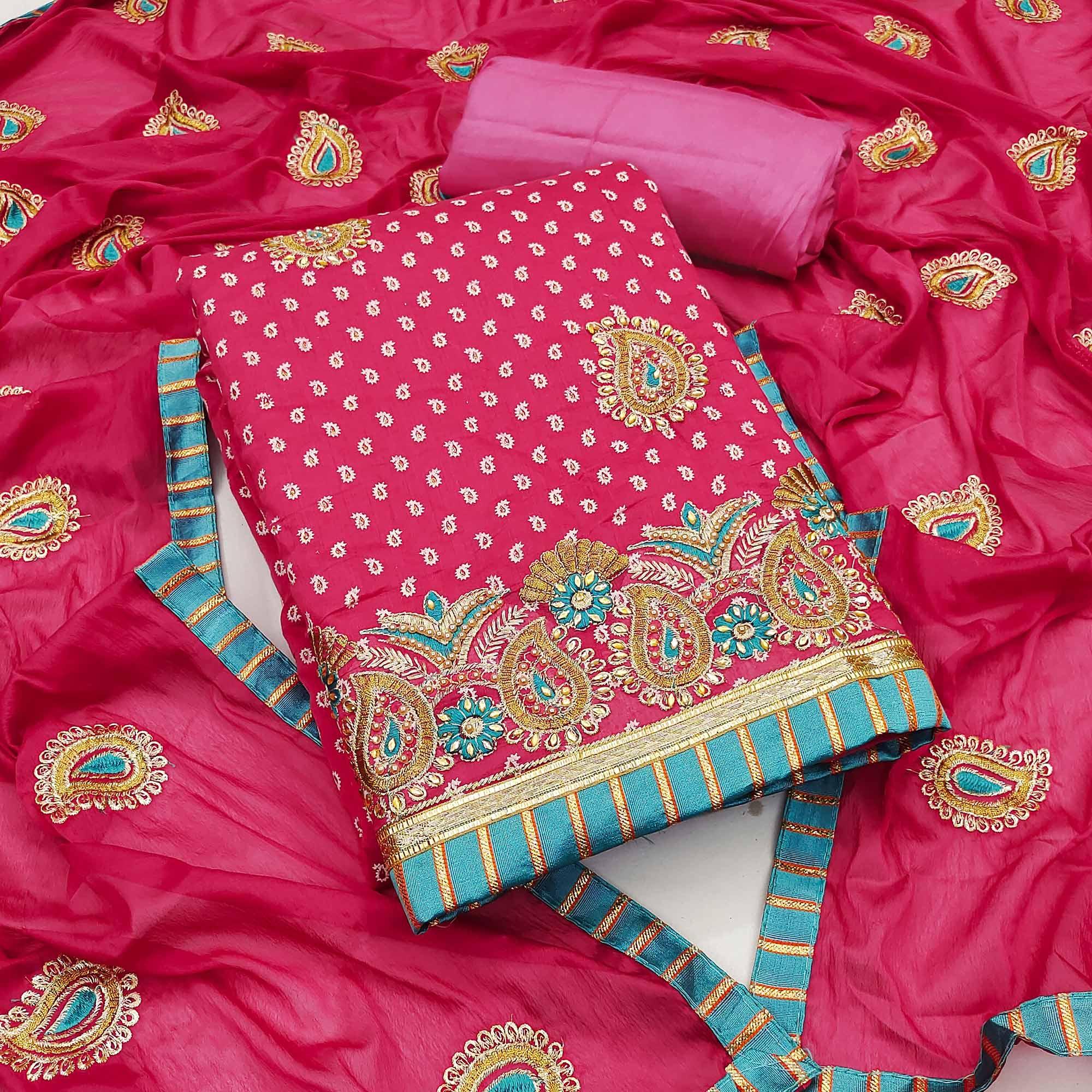 Pink Embroidered With Embellished Chanderi Dress Material - Peachmode