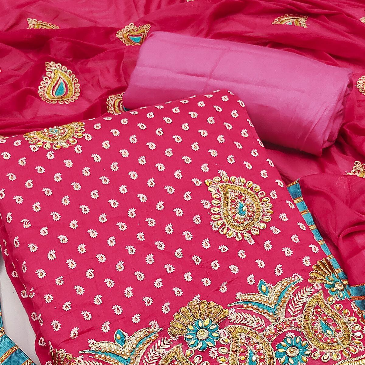 Pink Embroidered With Embellished Chanderi Dress Material - Peachmode