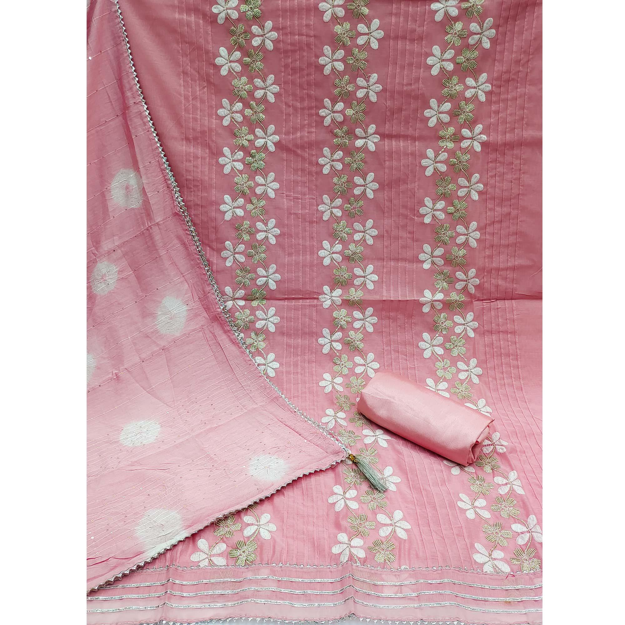 Pink Embroidered With Embellished Chanderi Dress Material - Peachmode