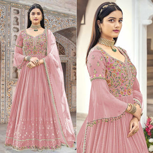Pink Embroidered With Embellished Georgette Anarkali Style Gown - Peachmode