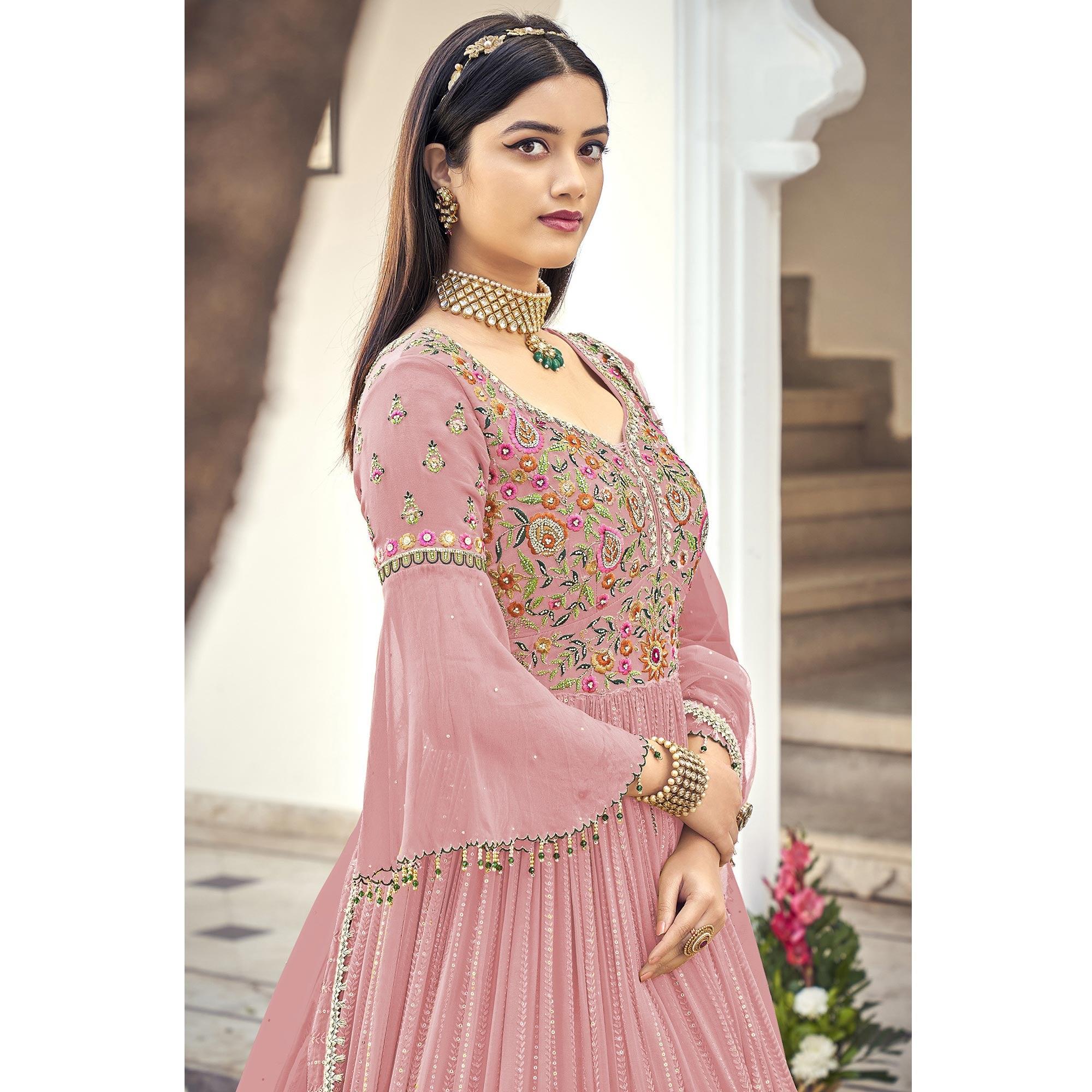 Pink Embroidered With Embellished Georgette Anarkali Style Gown - Peachmode