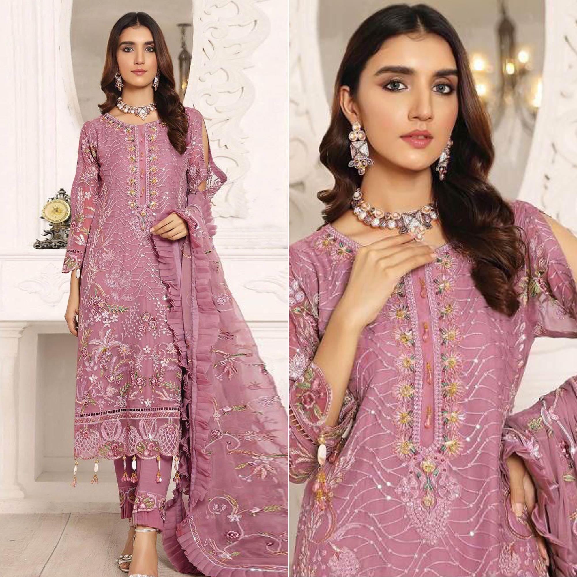 Pink Embroidered With Embellished Georgette Pakistani Suit - Peachmode