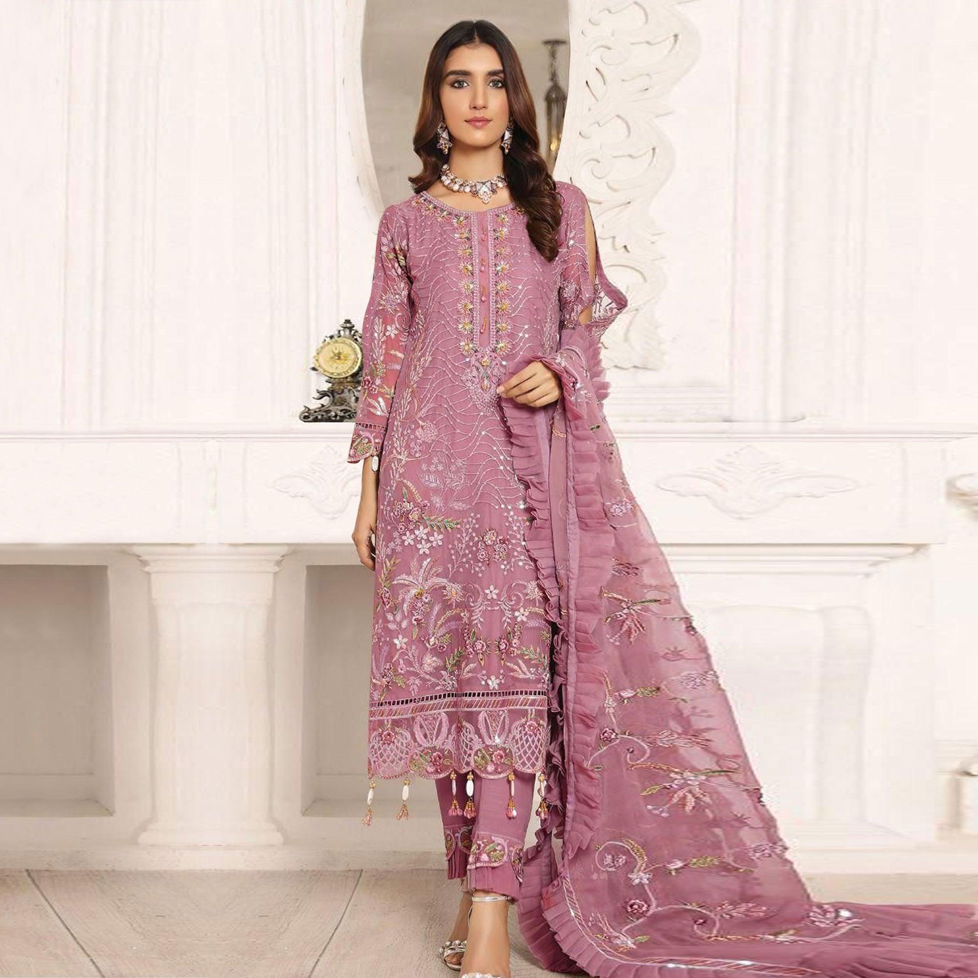 Pink Embroidered With Embellished Georgette Pakistani Suit - Peachmode