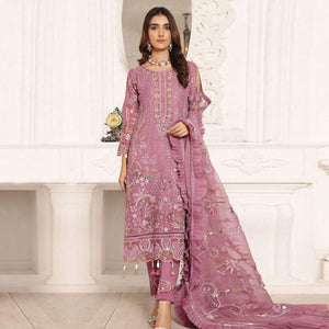 Pink Embroidered With Embellished Georgette Pakistani Suit - Peachmode