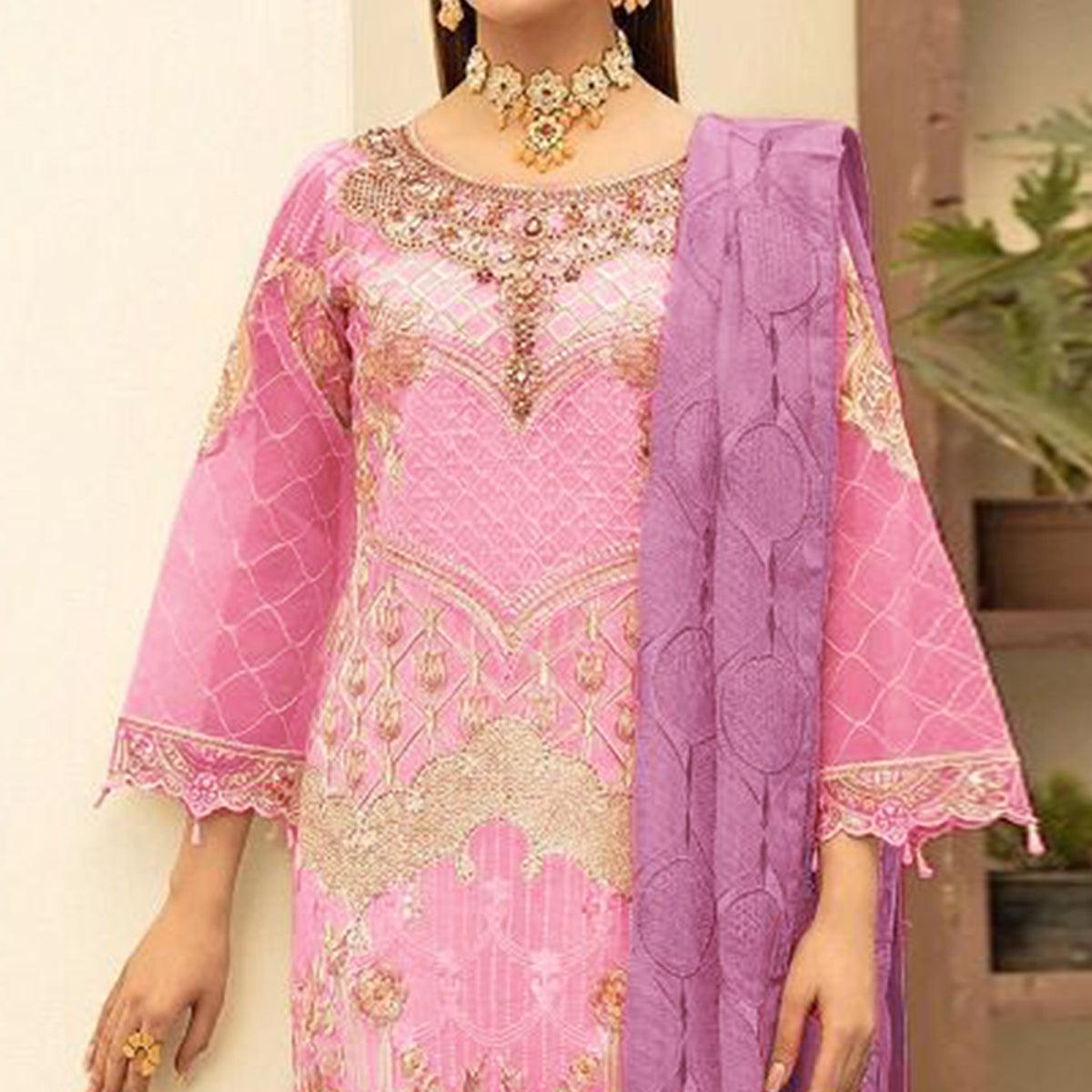 Pink Embroidered With Embellished Georgette Pakistani Suit - Peachmode