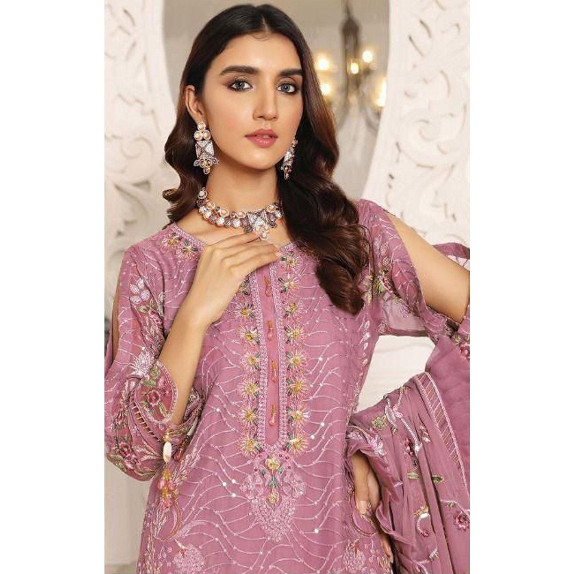 Pink Embroidered With Embellished Georgette Pakistani Suit - Peachmode