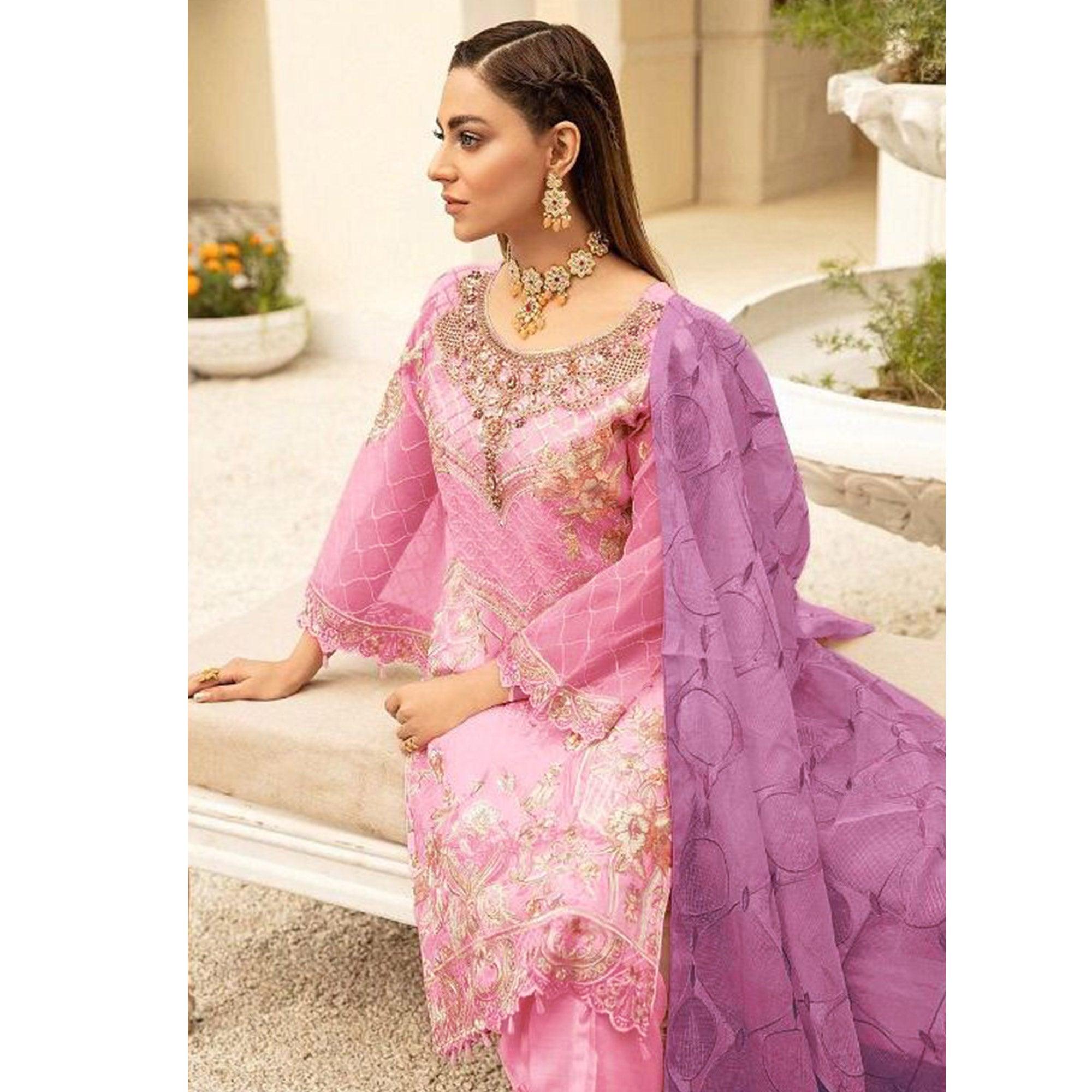 Pink Embroidered With Embellished Georgette Pakistani Suit - Peachmode