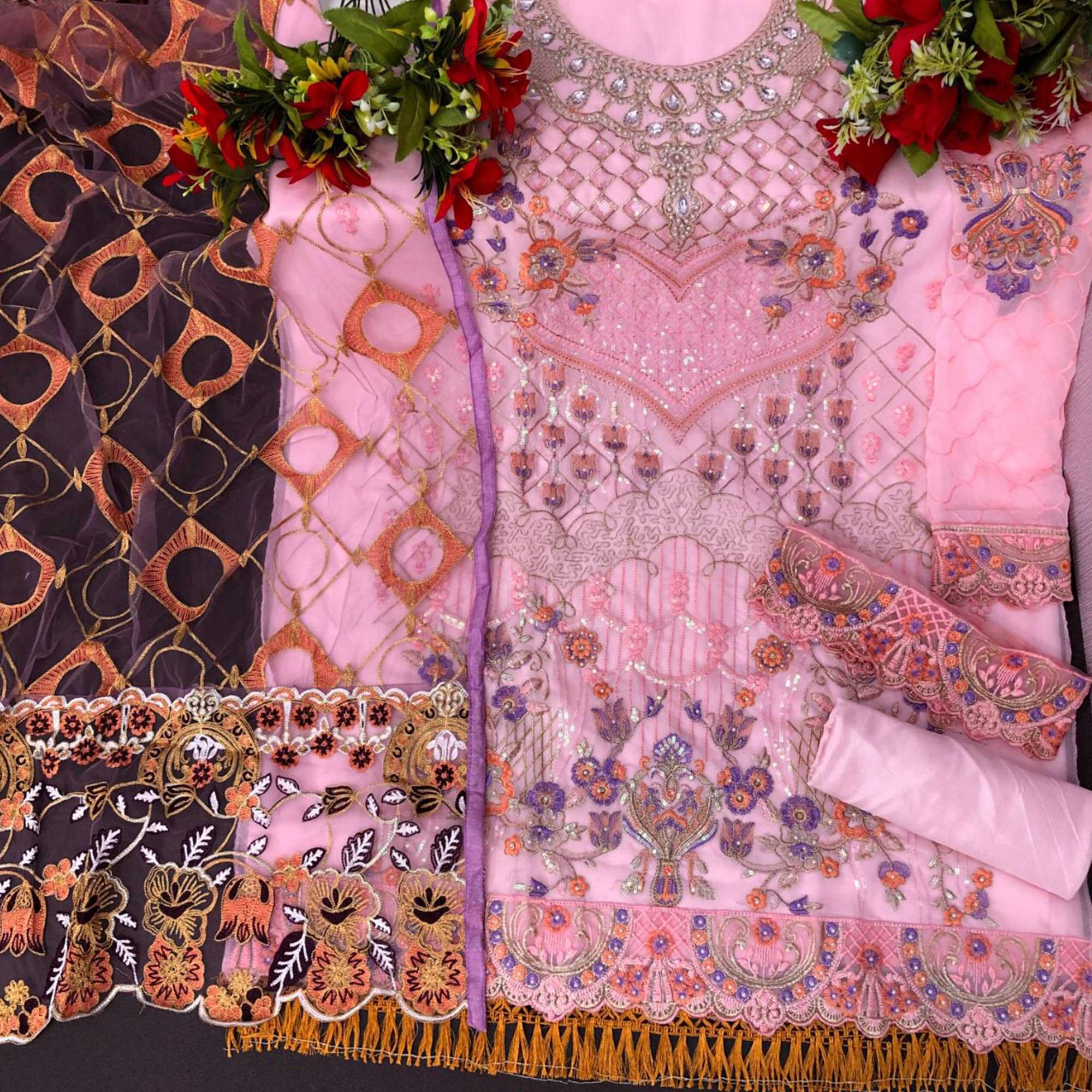 Pink Embroidered With Embellished Georgette Pakistani Suit - Peachmode