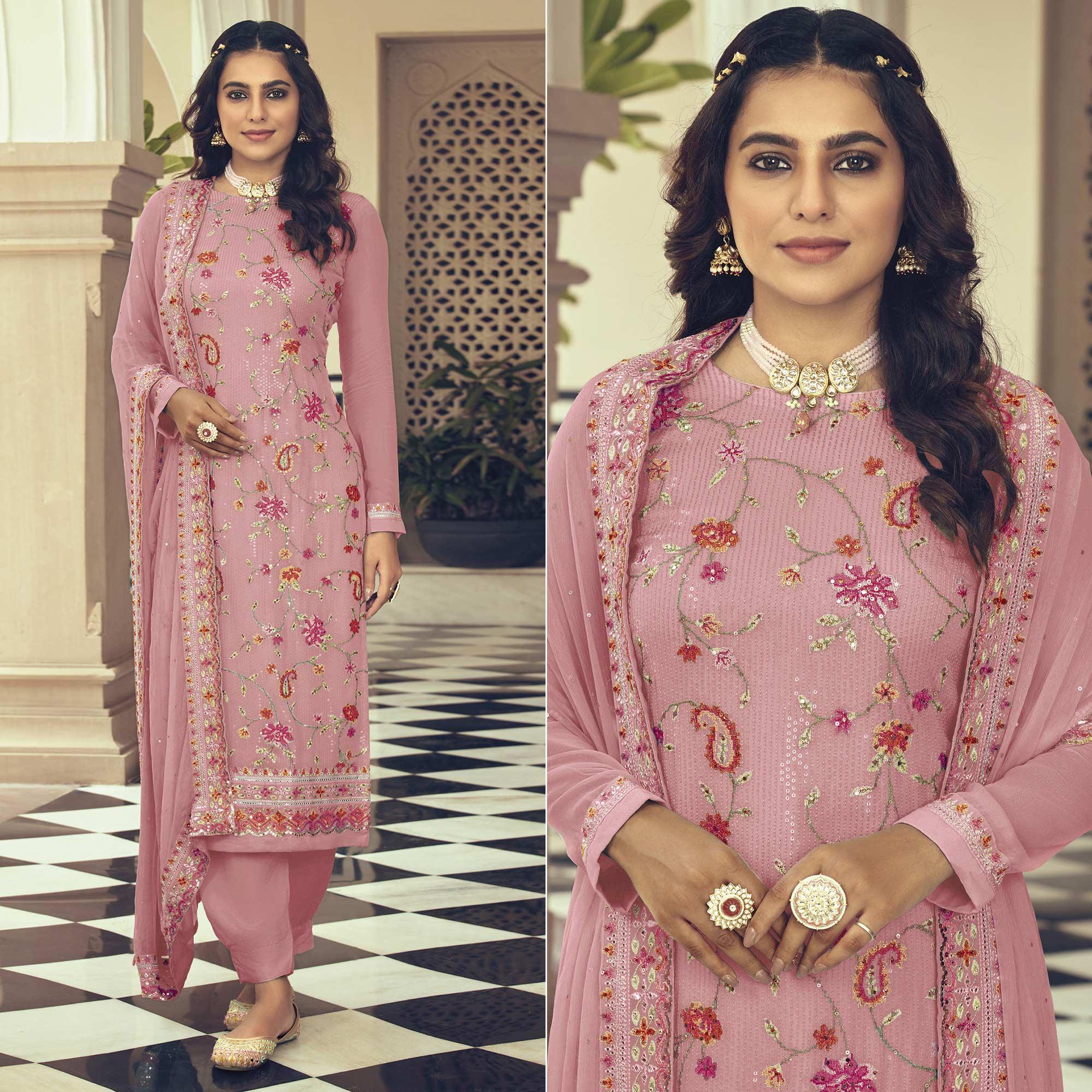 Pink Embroidered With Embellished Georgette Salwar Suit - Peachmode