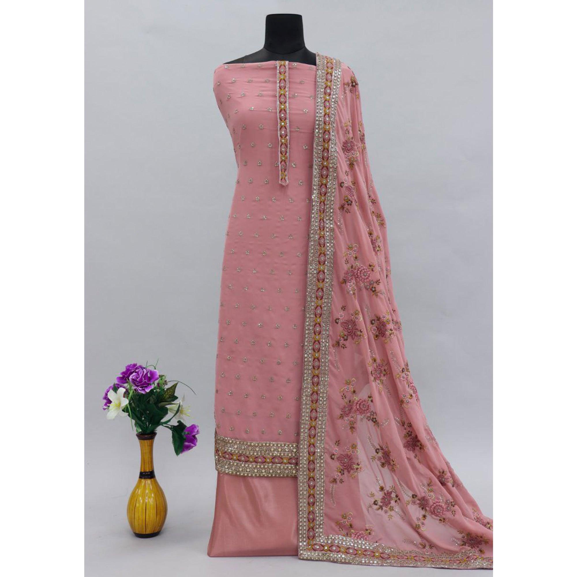 Pink Embroidered With Embellished Georgette Salwar Suit - Peachmode