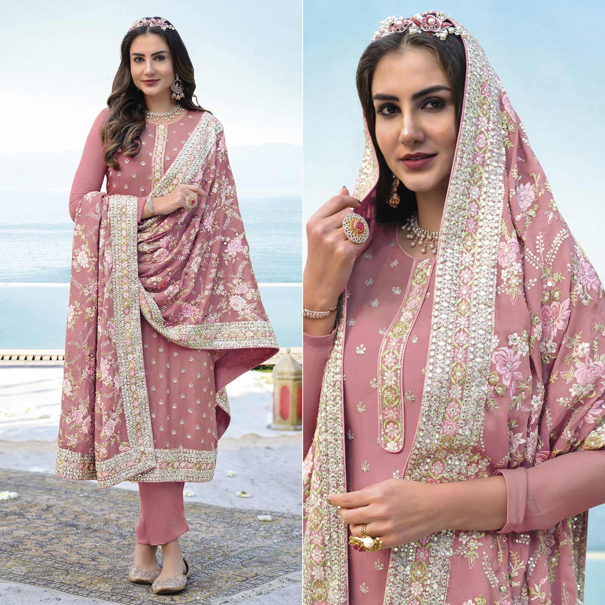 Pink Embroidered With Embellished Georgette Salwar Suit - Peachmode