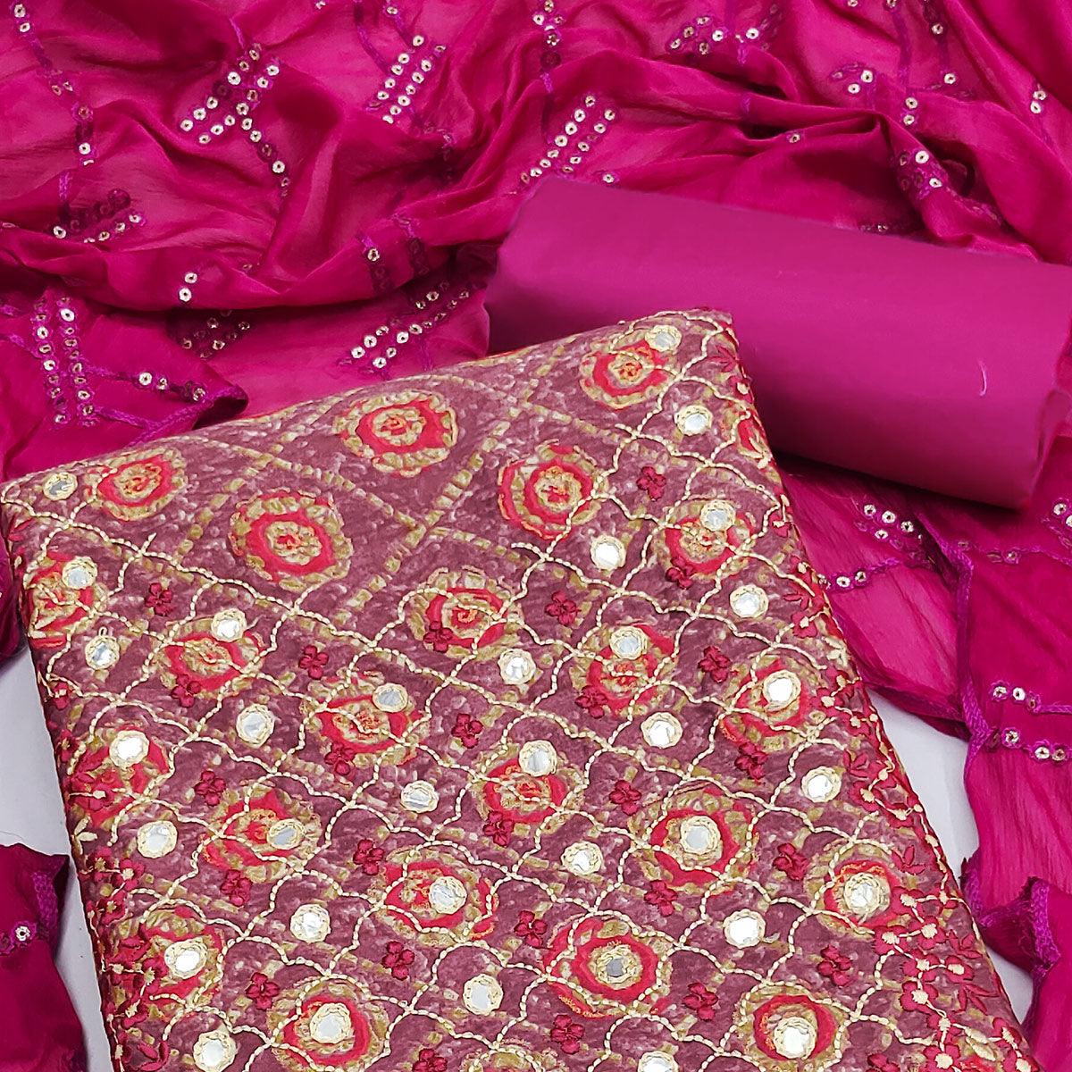 Pink Embroidered With Embellished Pure Cotton Dress Material - Peachmode