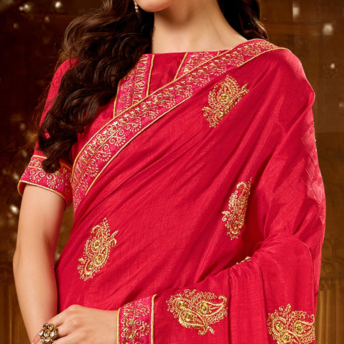 Pink Embroidered With Embellished Vichitra Silk Saree - Peachmode