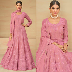 Pink Embroidery With Embellished Work Georgette Partywear Gown - Peachmode