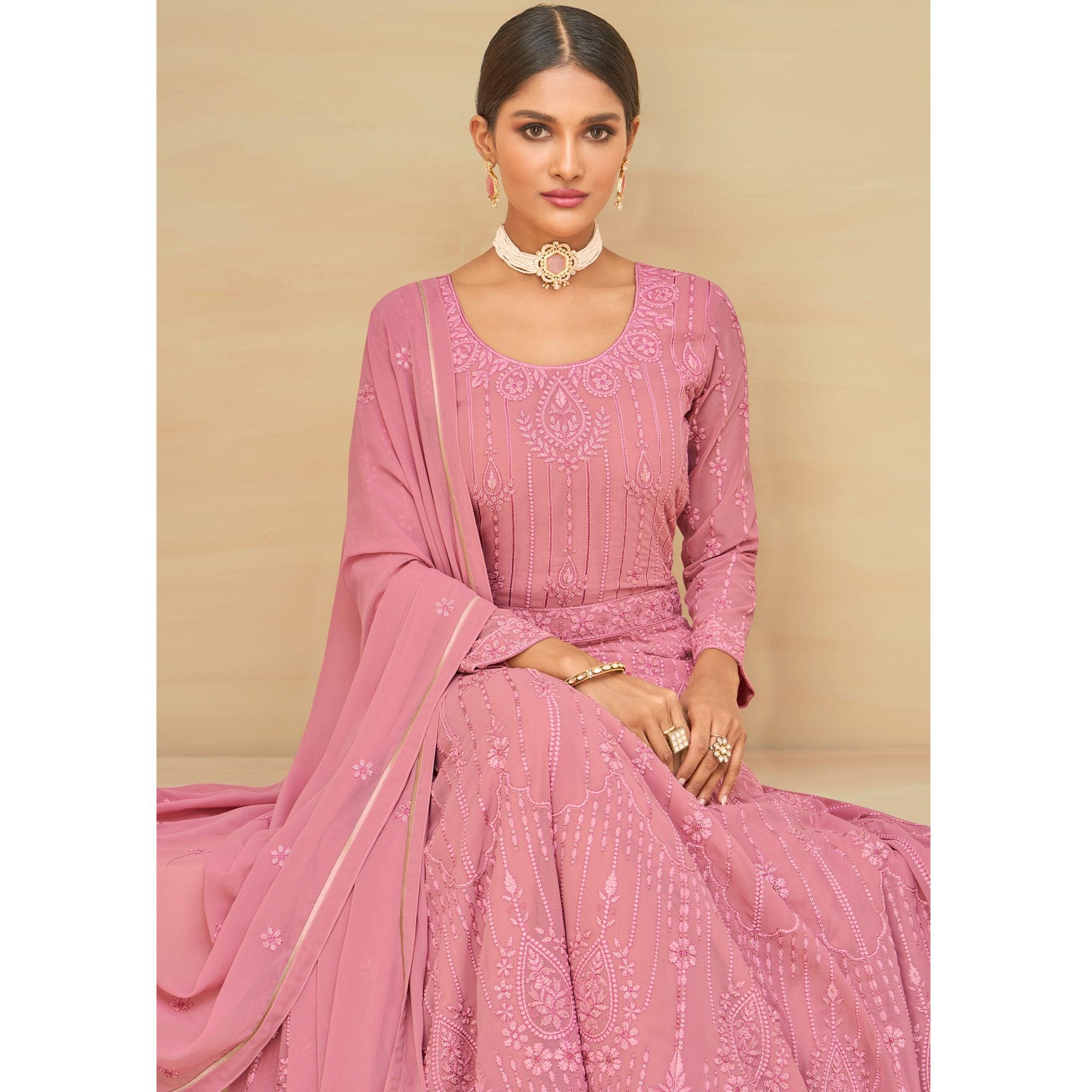 Pink Embroidery With Embellished Work Georgette Partywear Gown - Peachmode