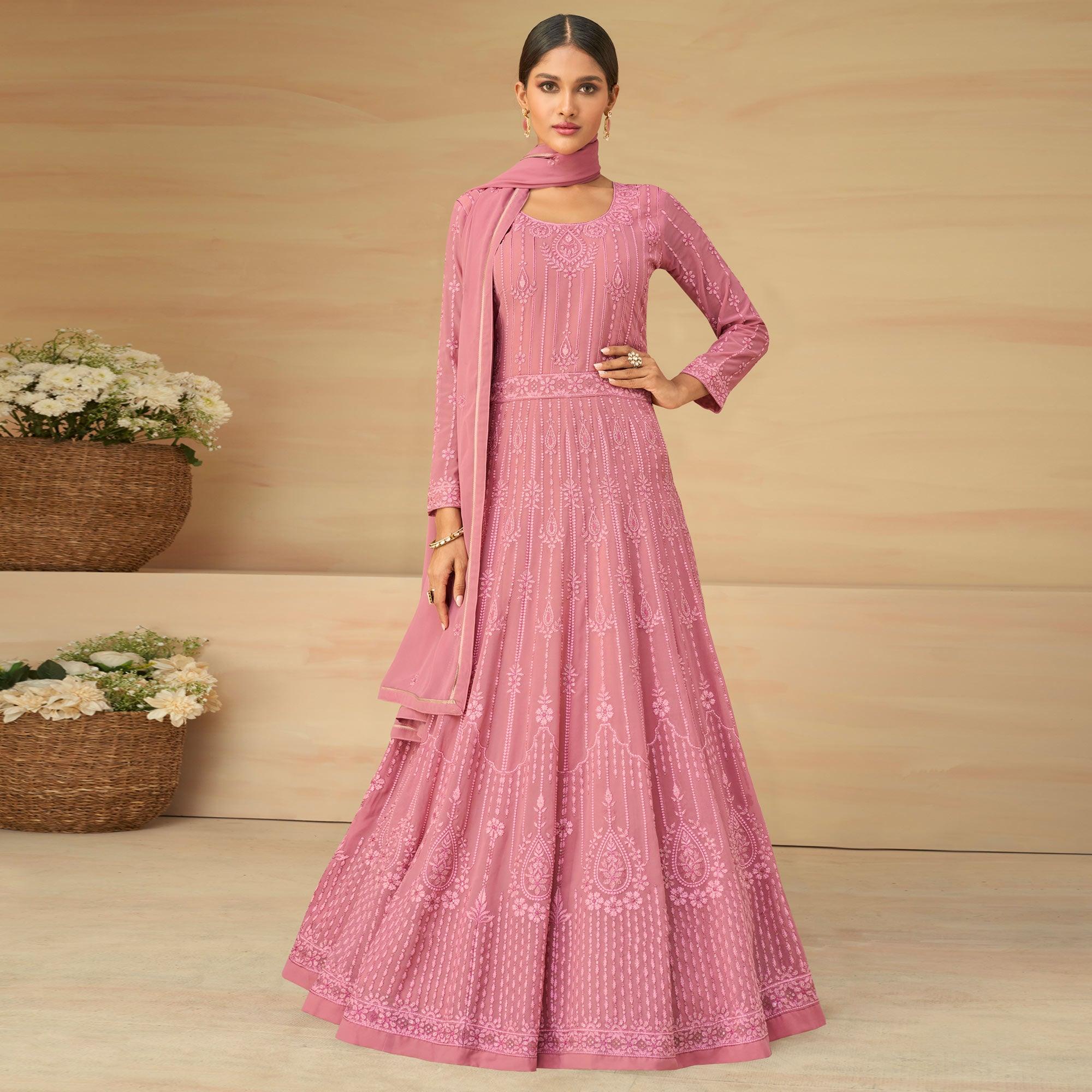 Pink Embroidery With Embellished Work Georgette Partywear Gown - Peachmode