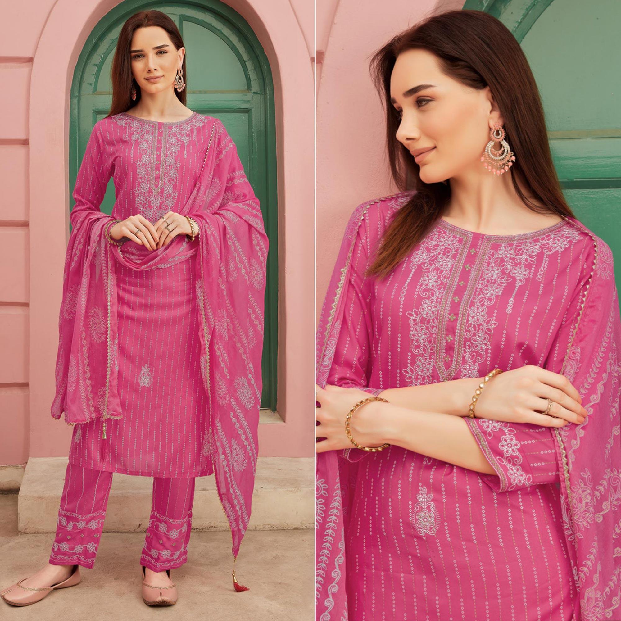 Pink Embroidery With Printed Pure Cotton Kurti Pant Set With Dupatta - Peachmode