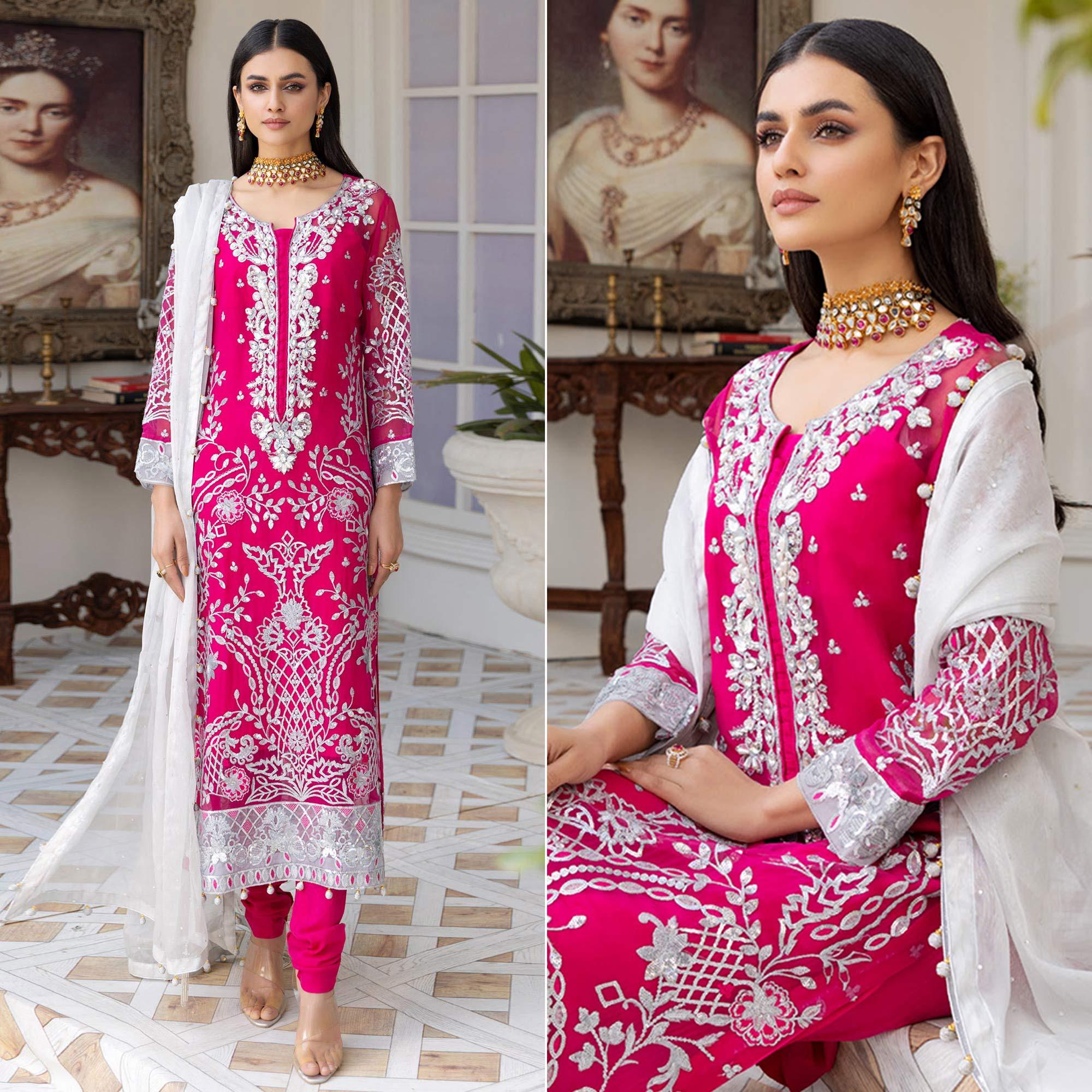 Pink Fancy Embroidered Heavy Net Partywear Suit - Peachmode