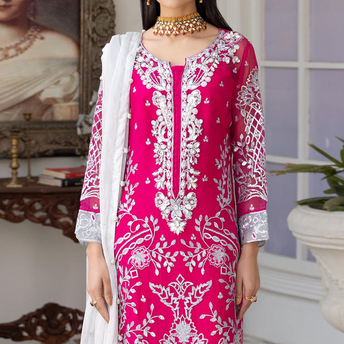 Pink Fancy Embroidered Heavy Net Partywear Suit - Peachmode