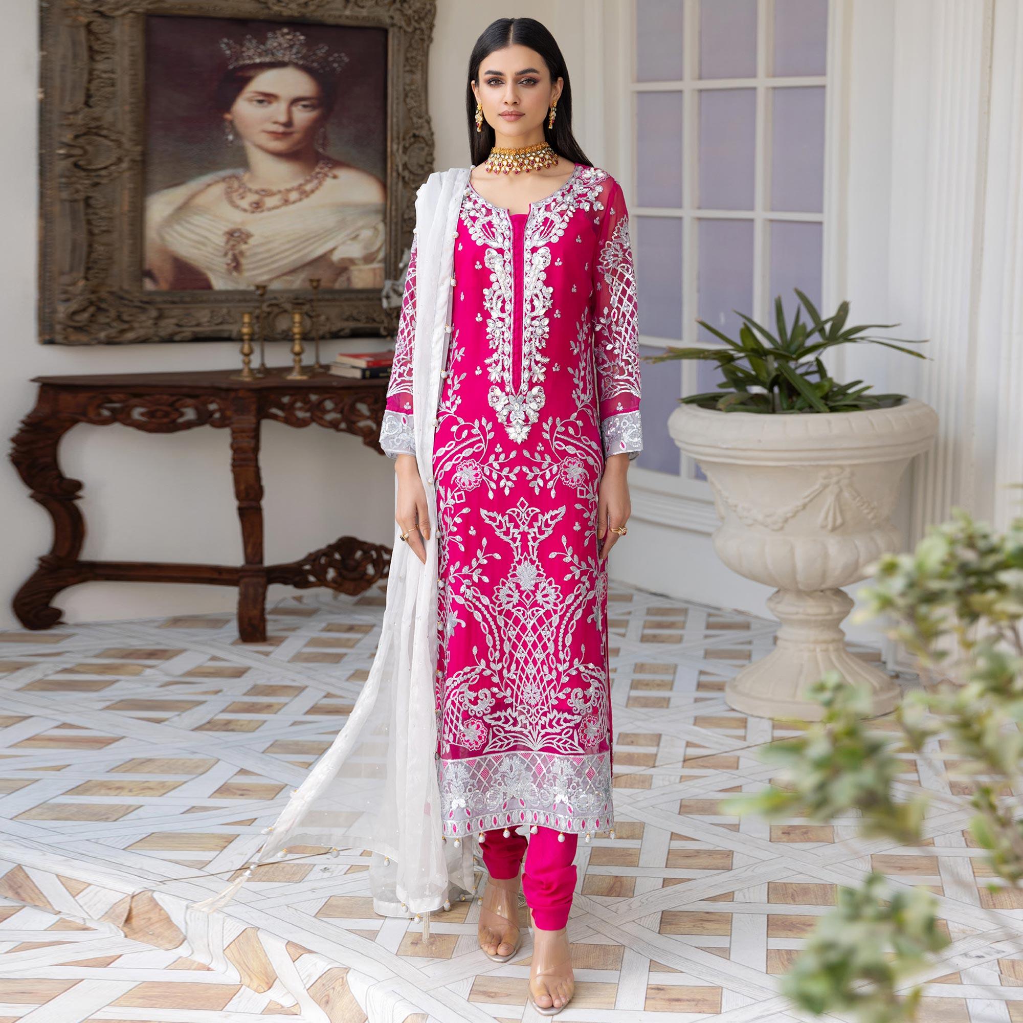 Pink Fancy Embroidered Heavy Net Partywear Suit - Peachmode