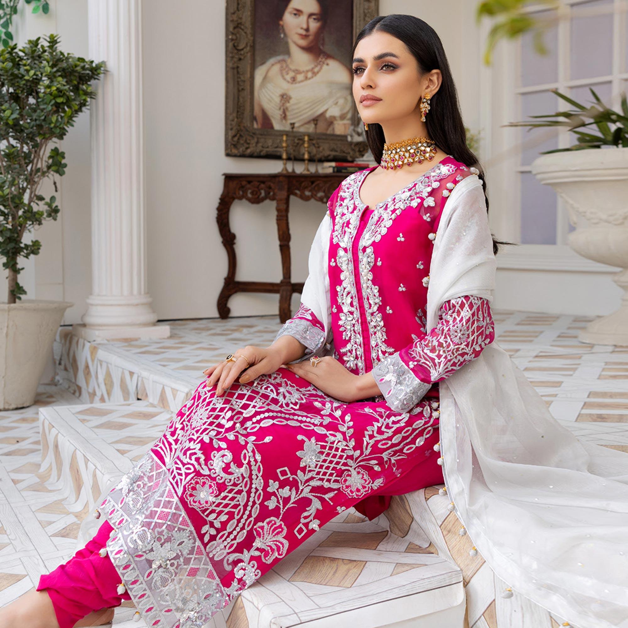 Pink Fancy Embroidered Heavy Net Partywear Suit - Peachmode