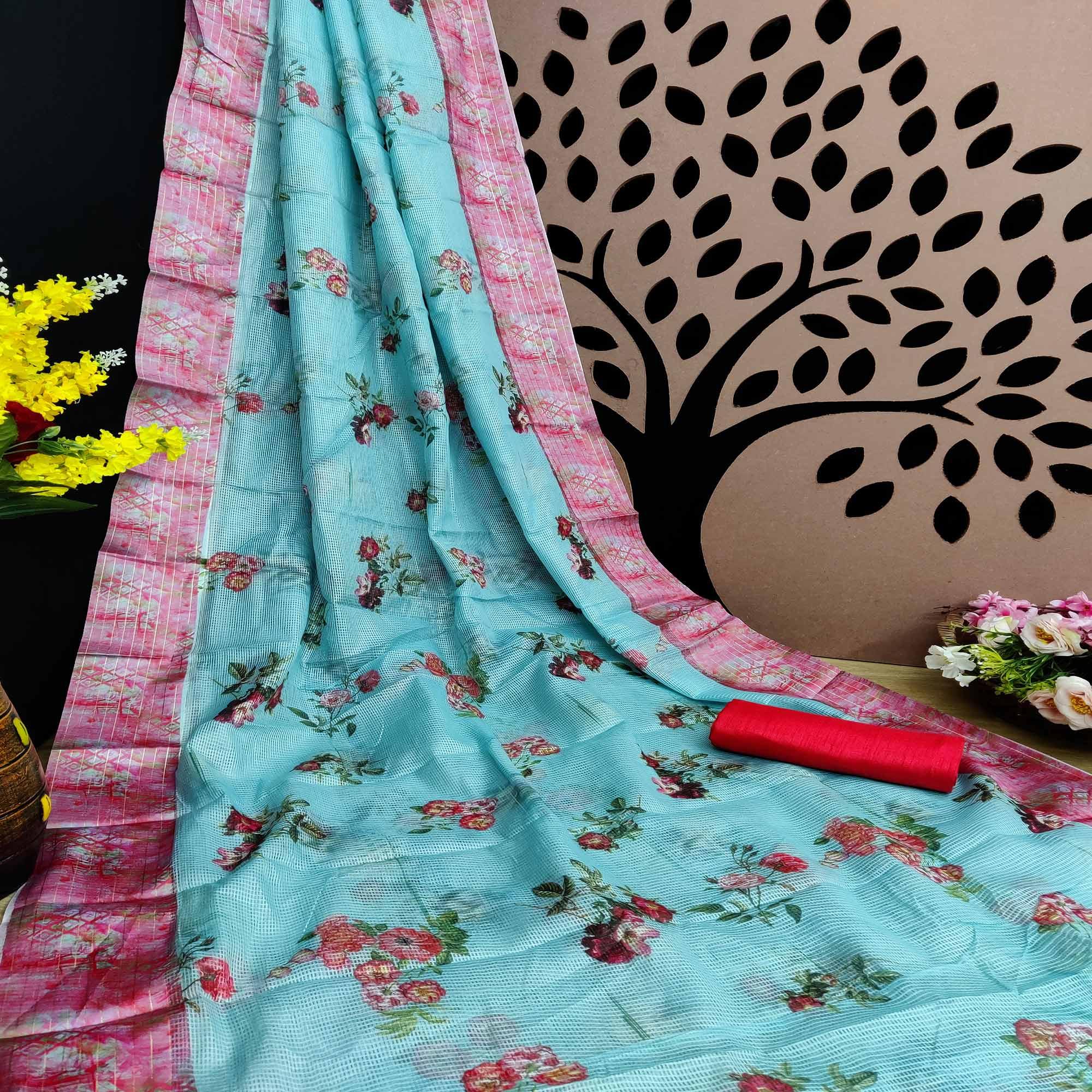 Pink-Ferozi Festive Wear Floral Digital Print With Woven Border Silk Saree - Peachmode